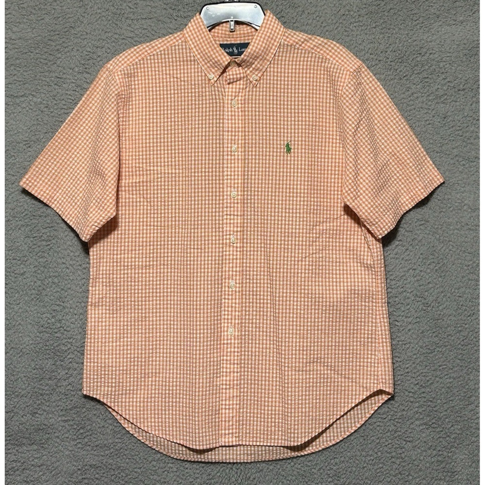 Polo Ralph Lauren Mens‎ Large Seersucker Orange Gingham Check Short Sleeve Shirt